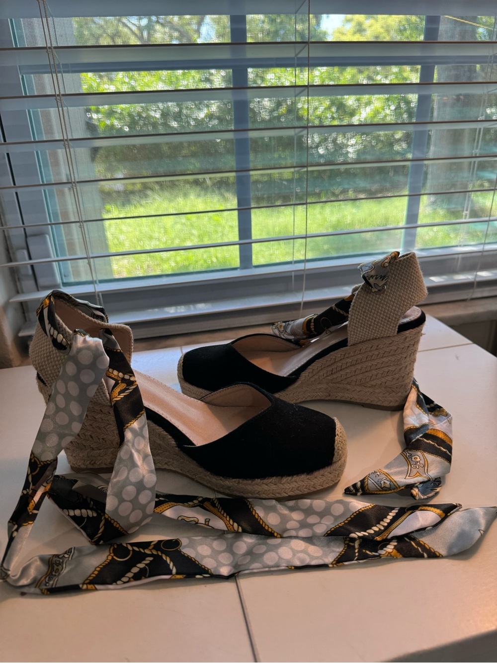 Black Espadrille Wedge Sandals with Scarf Tie
